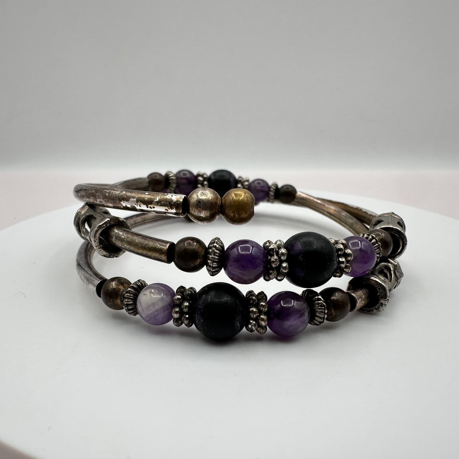 Vintage Silver Tone Purple Amethyst Color Coil Wrap Bracelet Cuff Stack Boho Y2K - Thumbnail 2