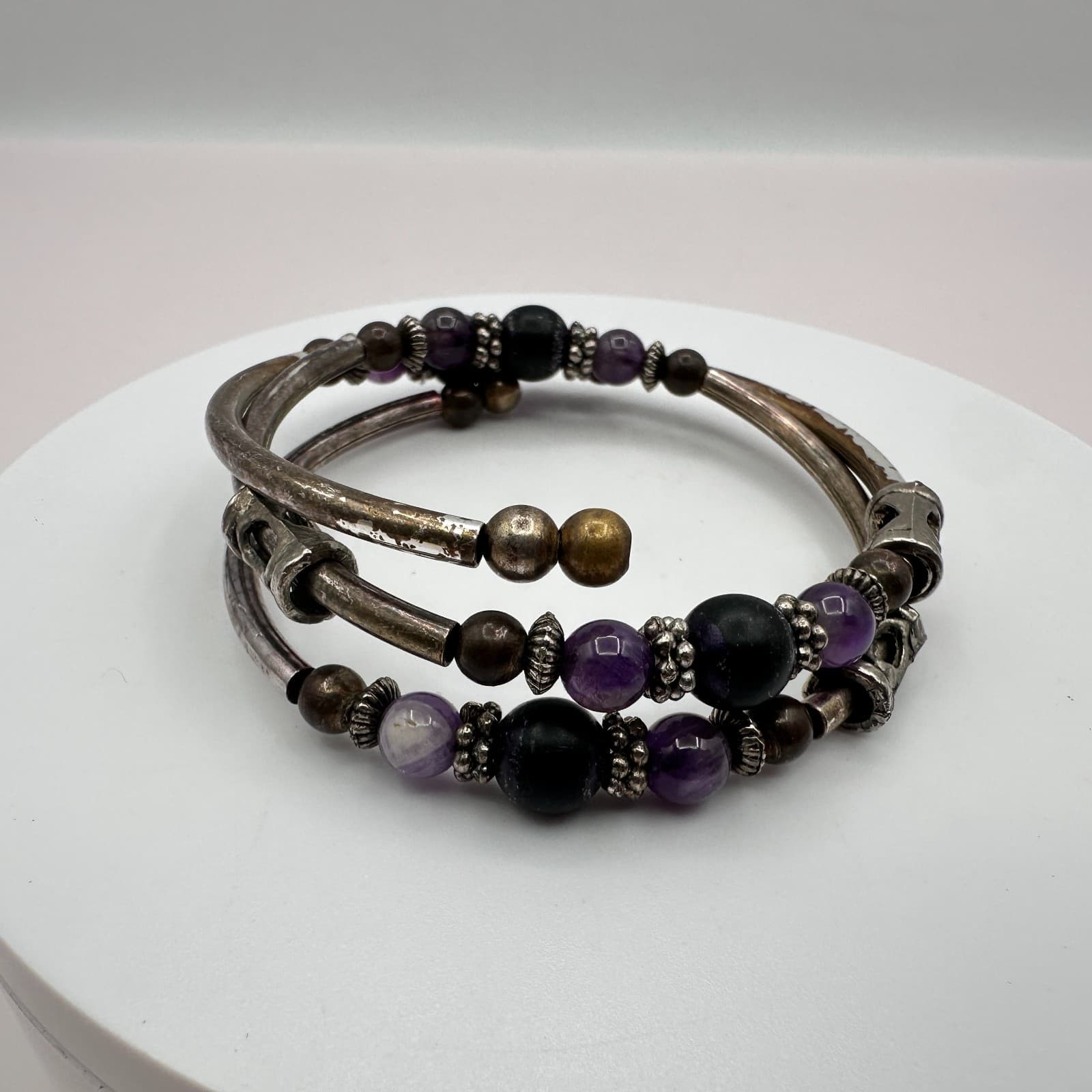 Vintage Silver Tone Purple Amethyst Color Coil Wrap Bracelet Cuff Stack Boho Y2K - Thumbnail 3