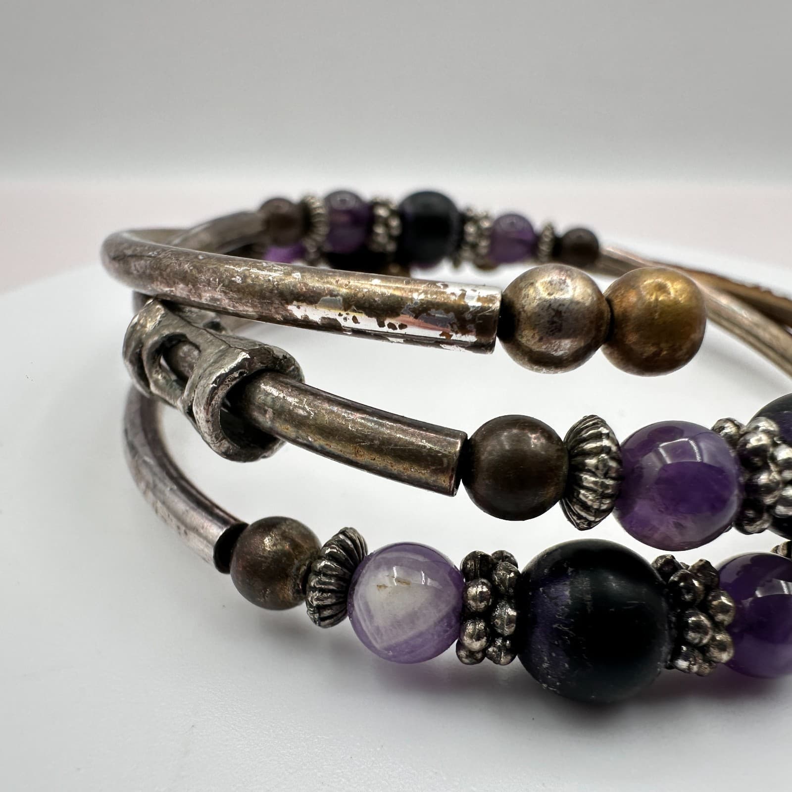 Vintage Silver Tone Purple Amethyst Color Coil Wrap Bracelet Cuff Stack Boho Y2K - Thumbnail 6