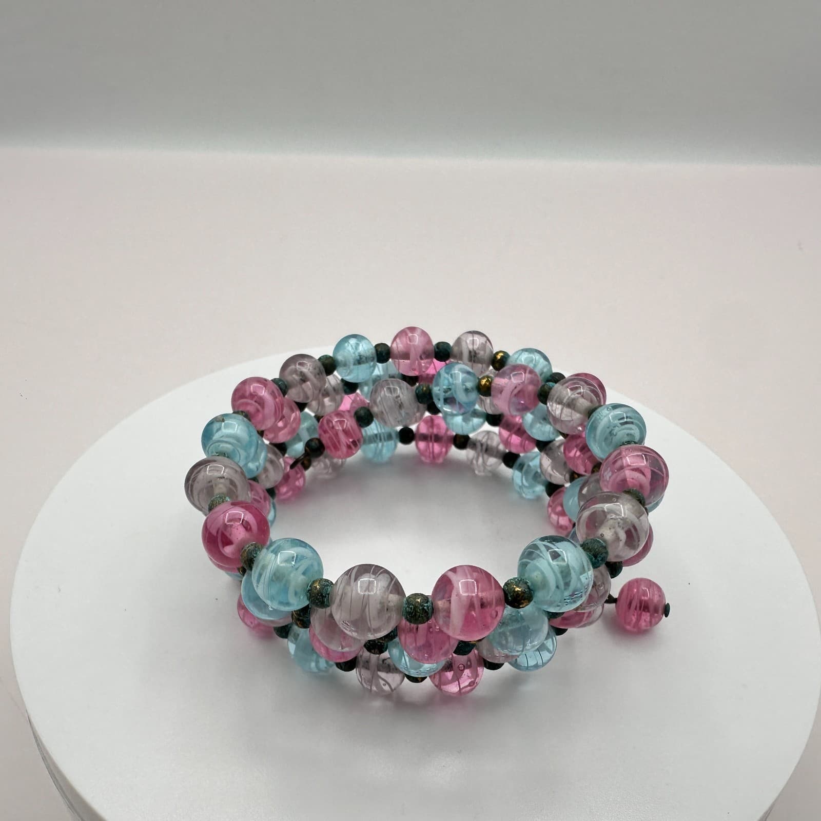 Vintage 50s Murano Style Glass Bead Multi Wrap Wire Statement Bracelet Jewelry - Thumbnail 3