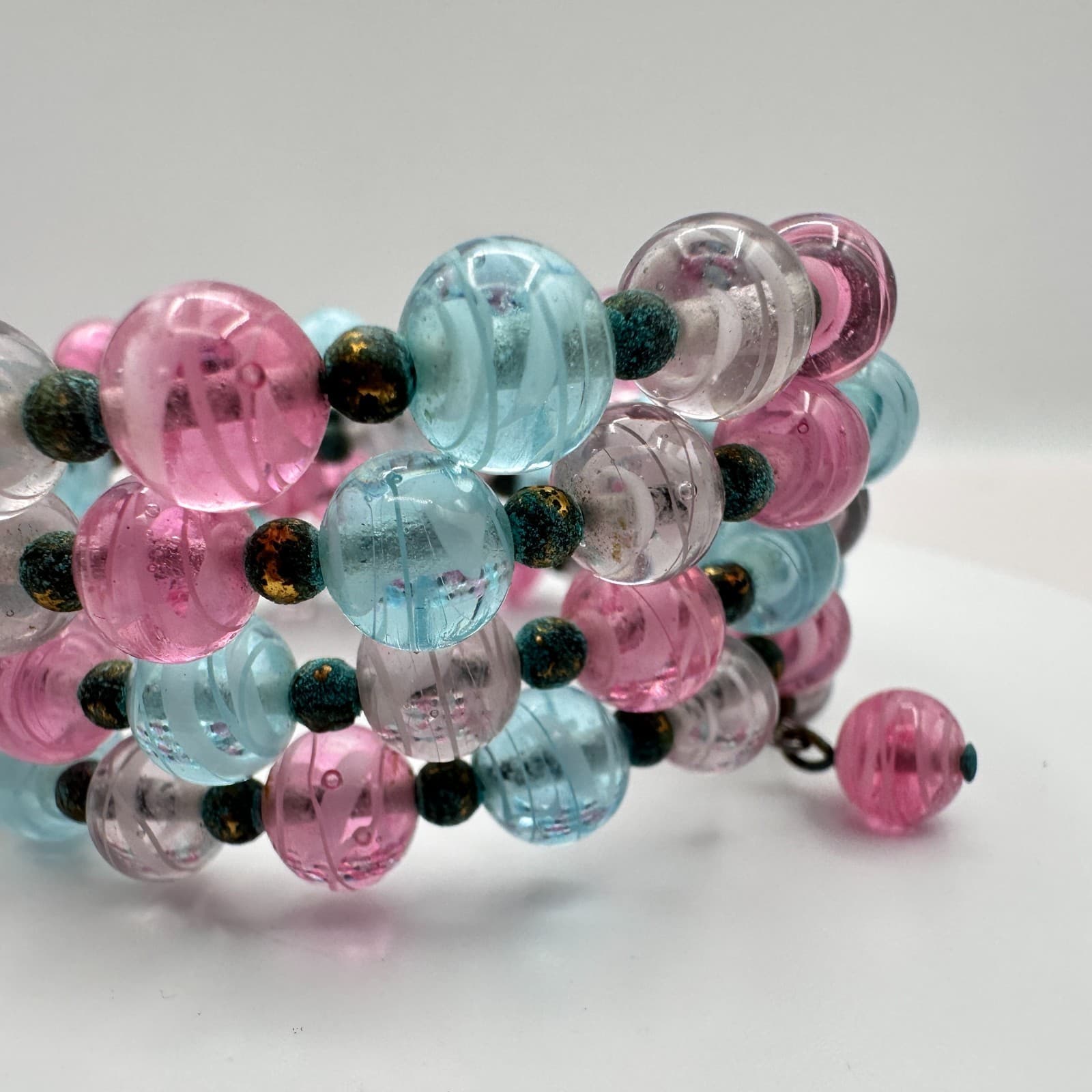 Vintage 50s Murano Style Glass Bead Multi Wrap Wire Statement Bracelet Jewelry - Thumbnail 6