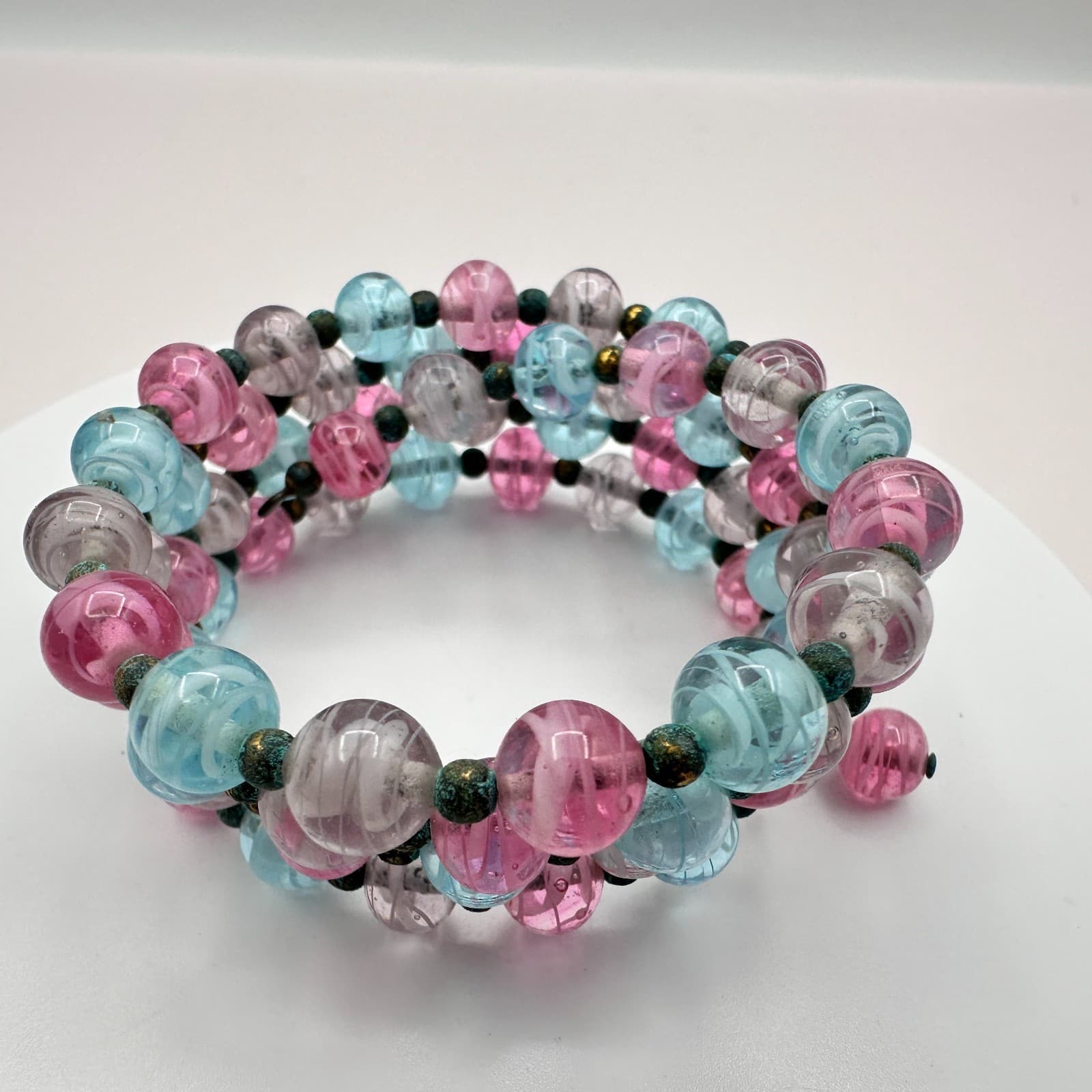 Vintage 50s Murano Style Glass Bead Multi Wrap Wire Statement Bracelet Jewelry - Thumbnail 4