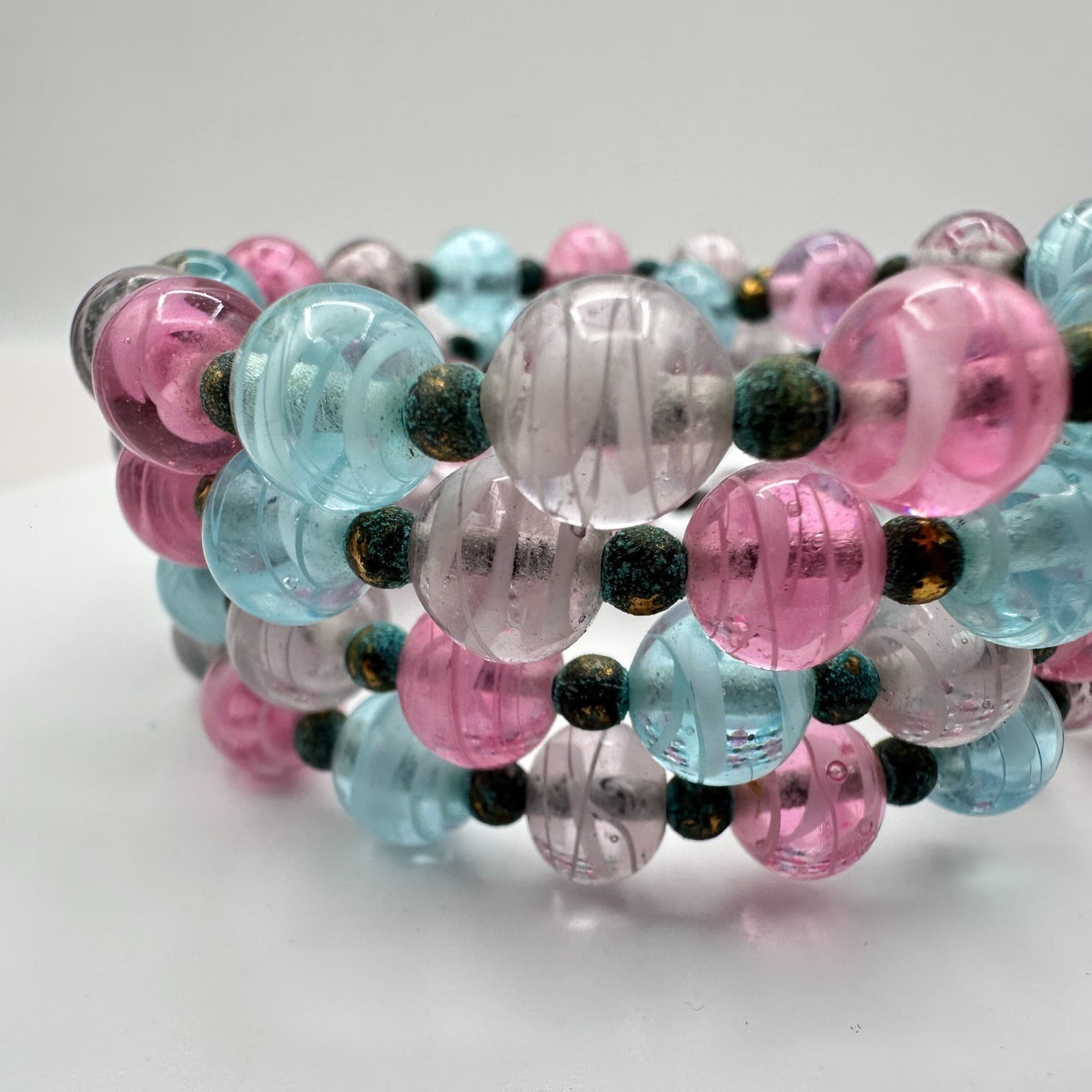 Vintage 50s Murano Style Glass Bead Multi Wrap Wire Statement Bracelet Jewelry - Thumbnail 5