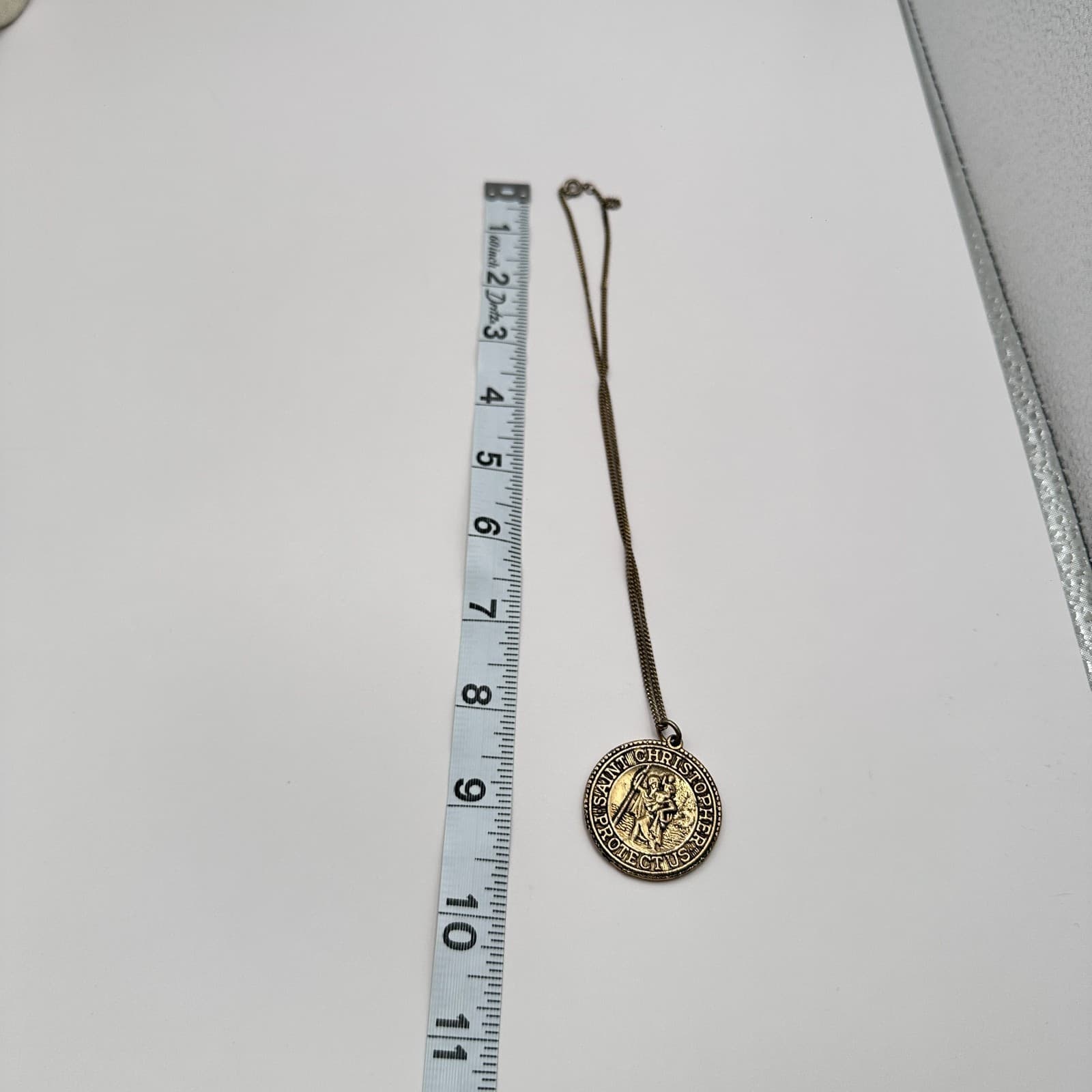 Vintage 70s Christopher Protect Medal Necklace Bronze Tone Religious Jewelry Y2K - Thumbnail 2