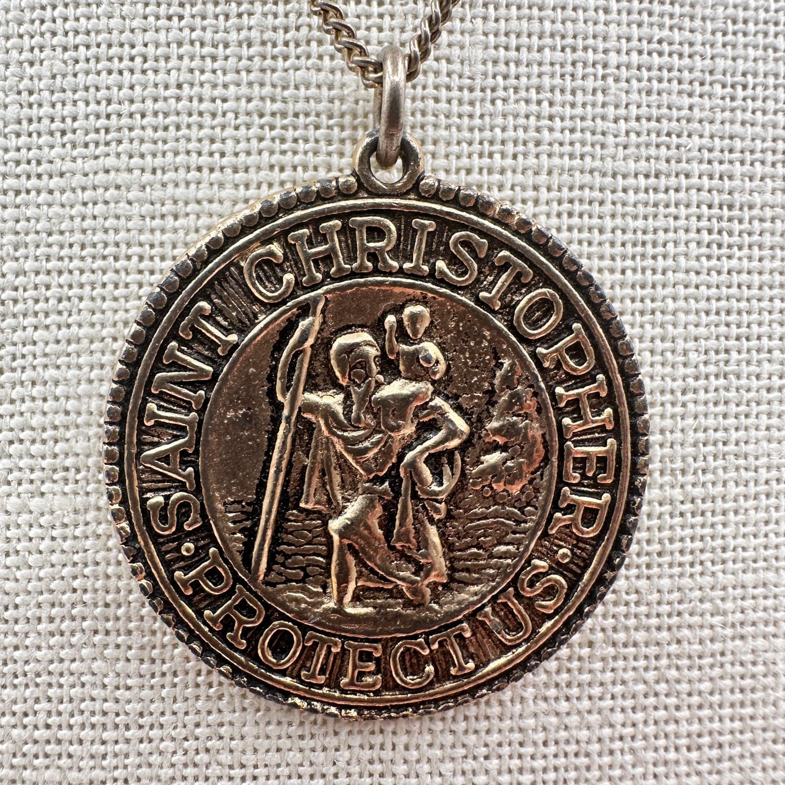 Vintage 70s Christopher Protect Medal Necklace Bronze Tone Religious Jewelry Y2K - Thumbnail 6