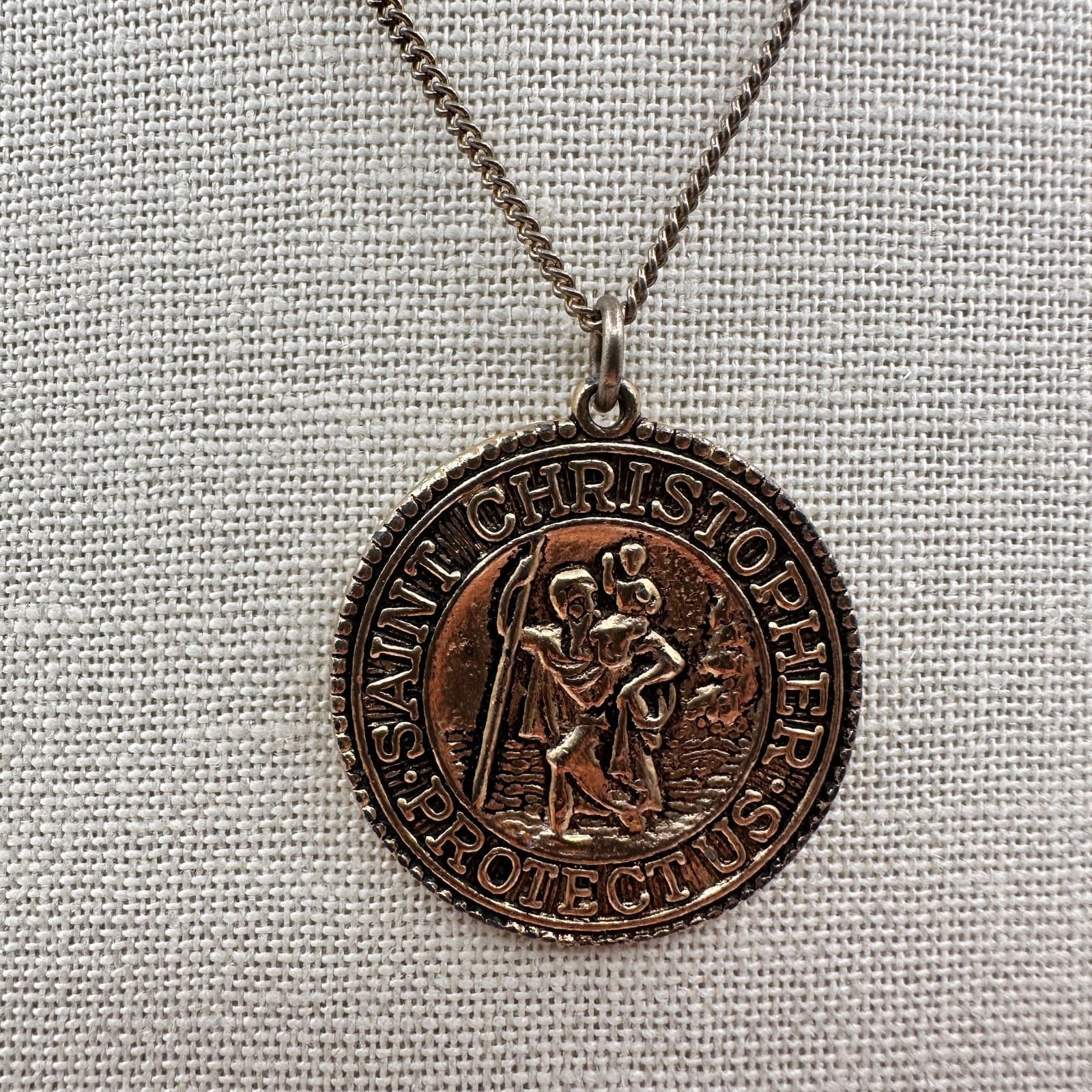 Vintage 70s Christopher Protect Medal Necklace Bronze Tone Religious Jewelry Y2K - Thumbnail 7
