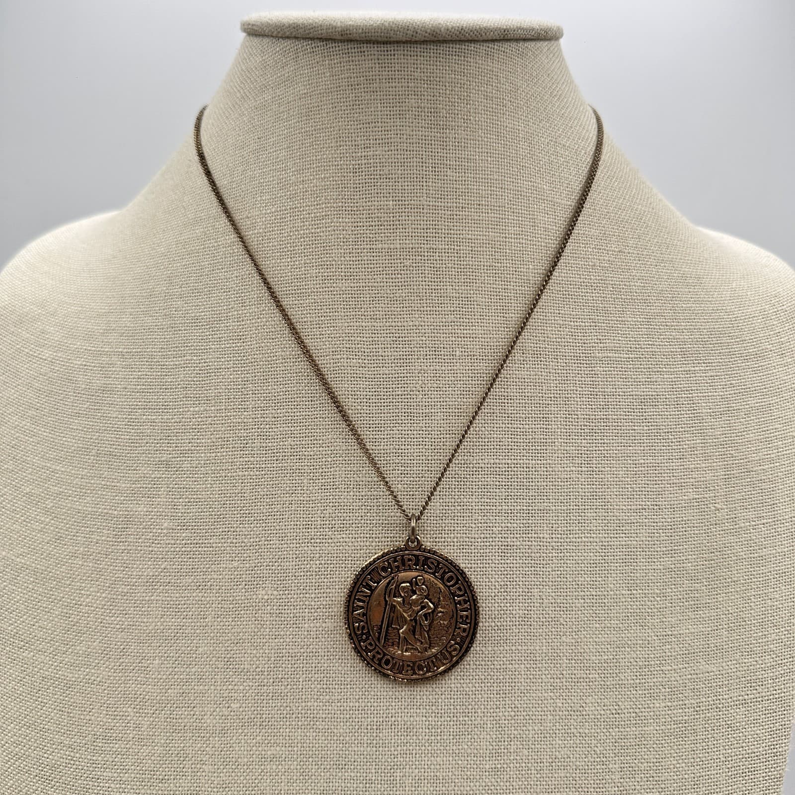 Vintage 70s Christopher Protect Medal Necklace Bronze Tone Religious Jewelry Y2K - Thumbnail 5