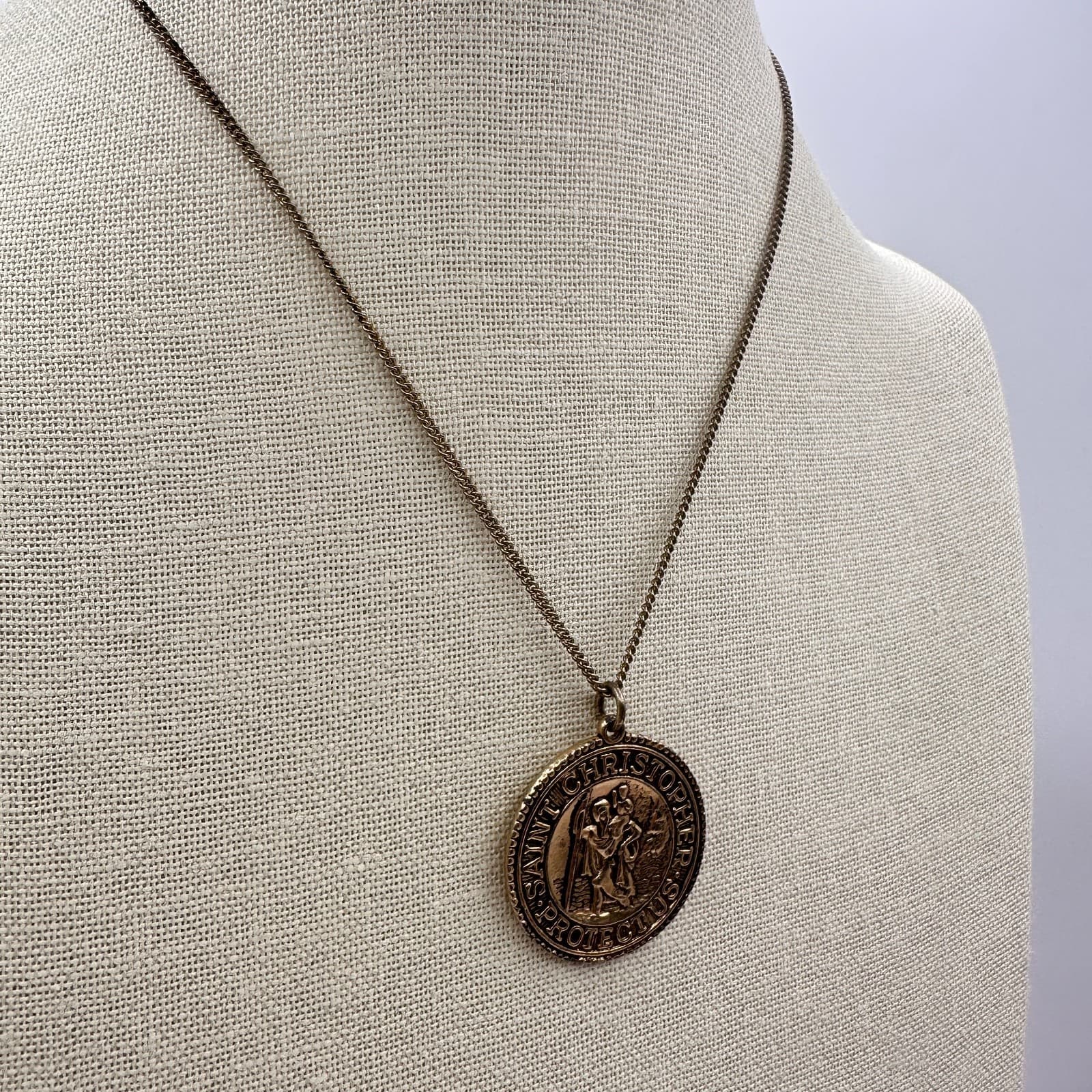 Vintage 70s Christopher Protect Medal Necklace Bronze Tone Religious Jewelry Y2K - Thumbnail 3