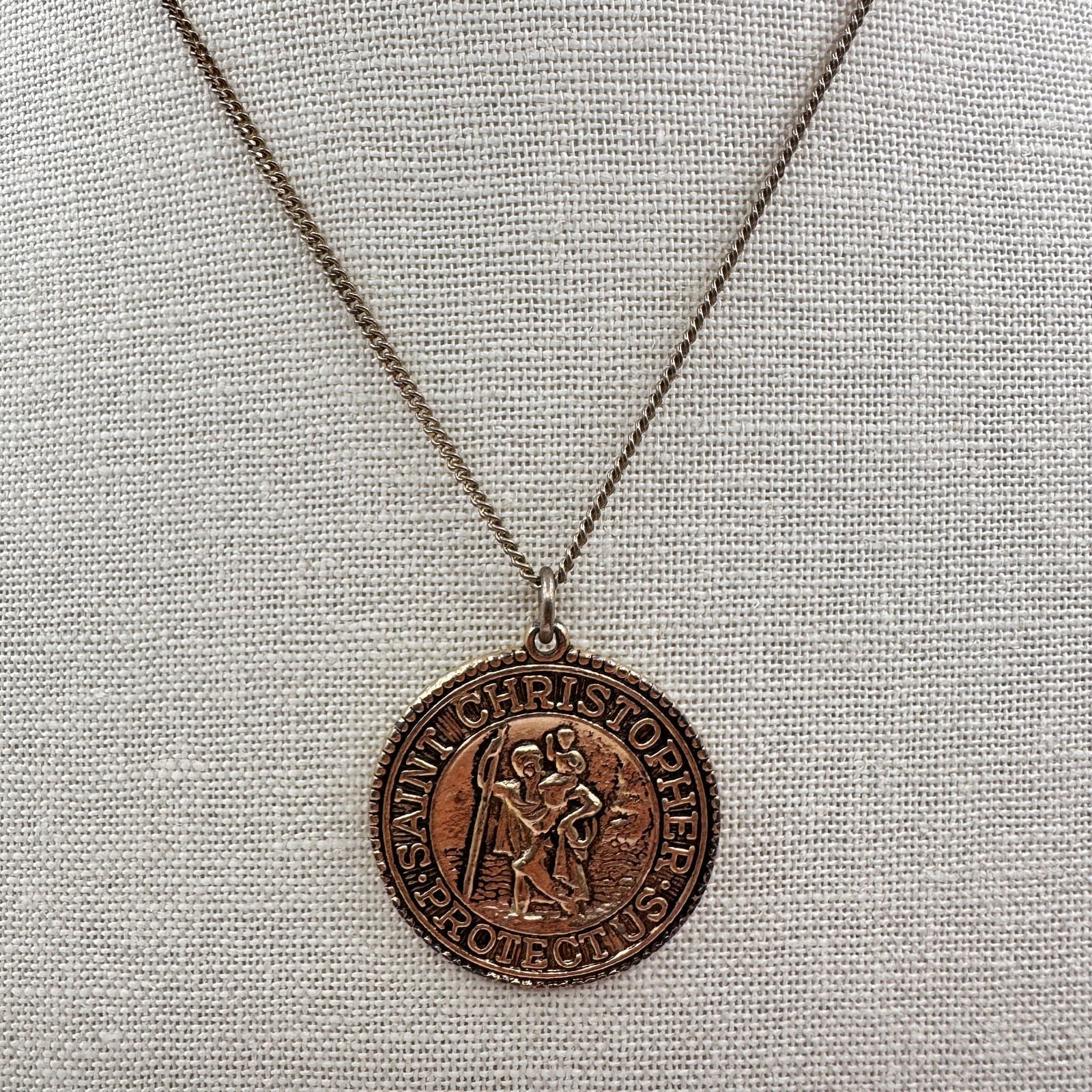 Vintage 70s Christopher Protect Medal Necklace Bronze Tone Religious Jewelry Y2K - Thumbnail 8
