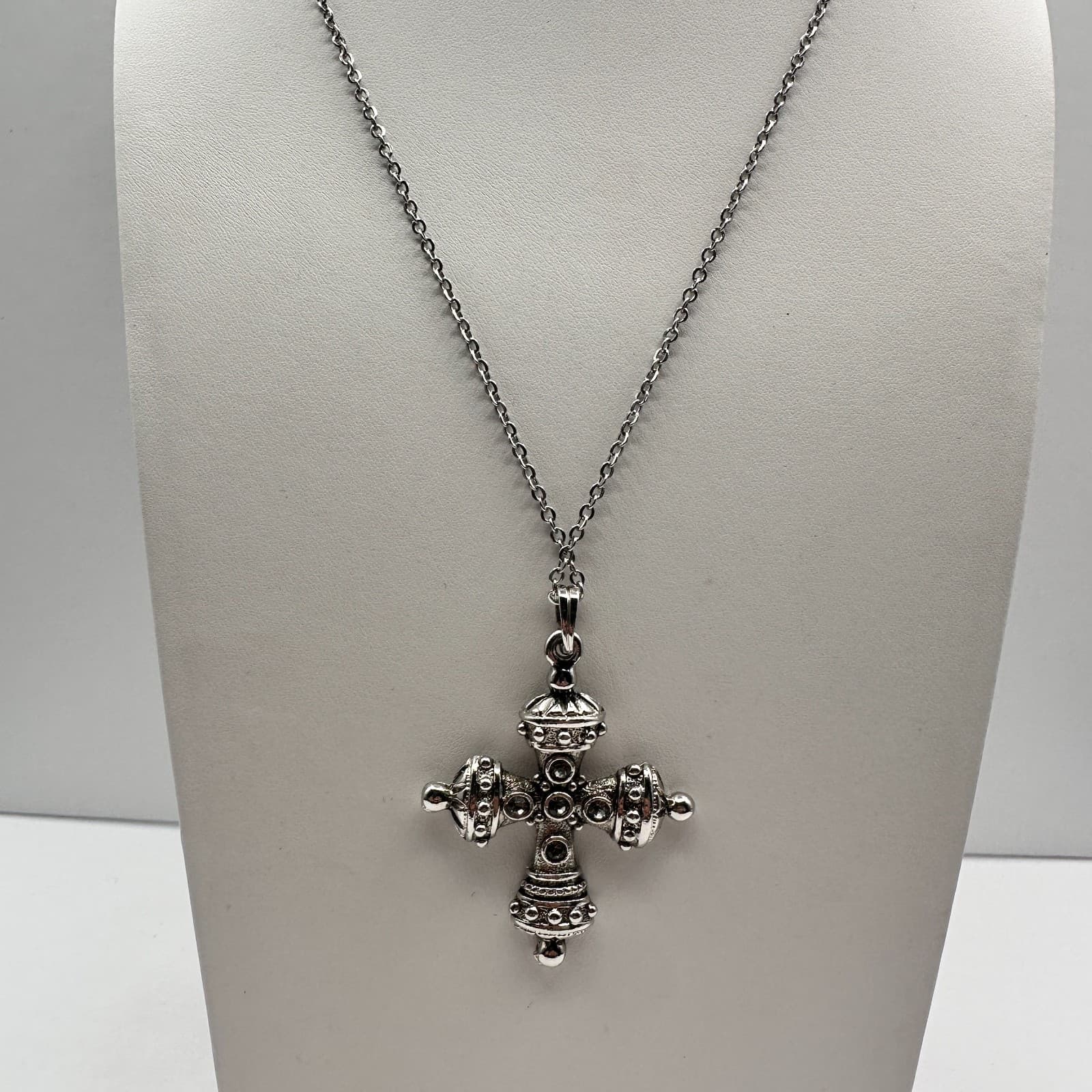 Vintage 90s Byzantine Cross Necklace Silver Tone Clear Glass Gothic Pendant Y2K - Thumbnail 2