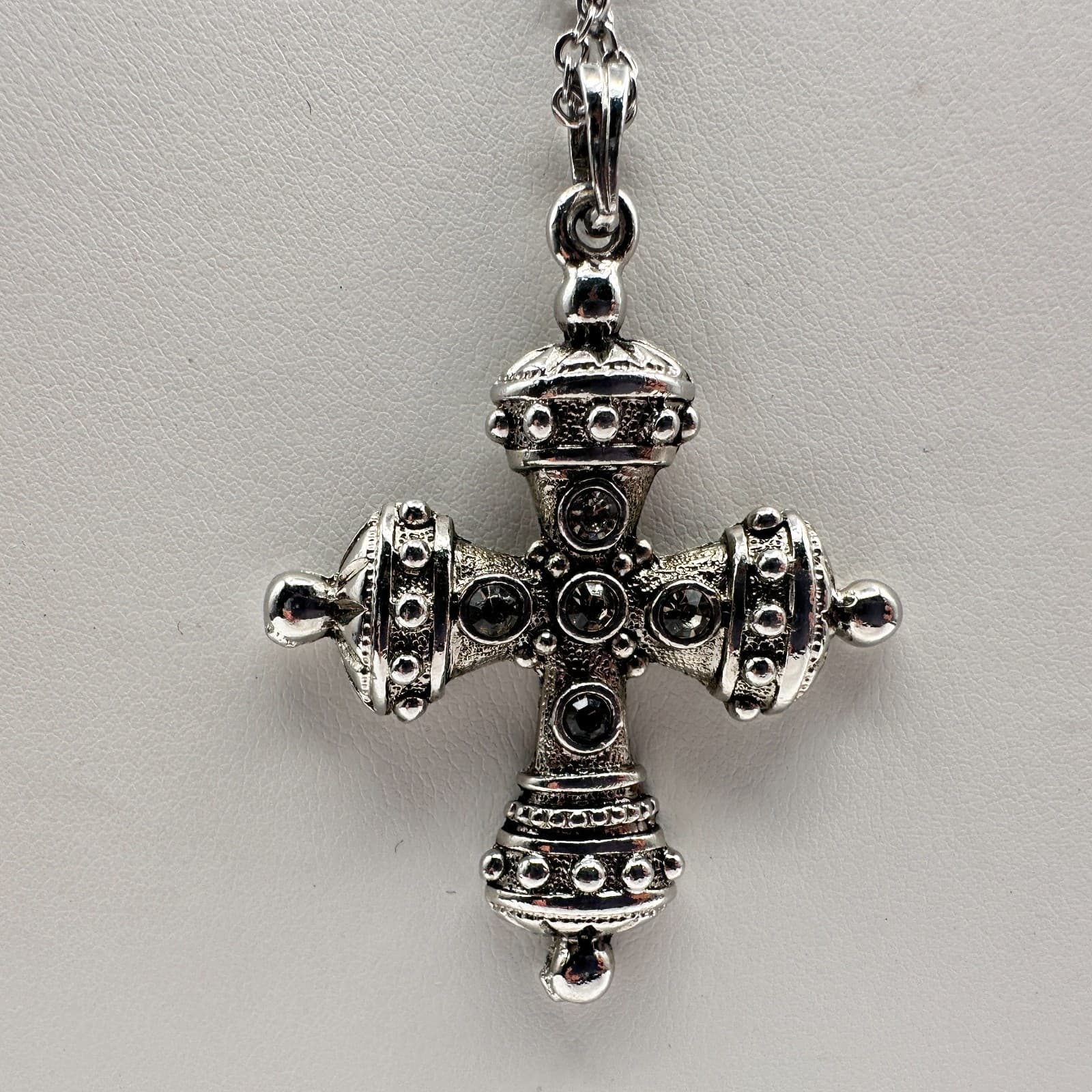 Vintage 90s Byzantine Cross Necklace Silver Tone Clear Glass Gothic Pendant Y2K - Thumbnail 3