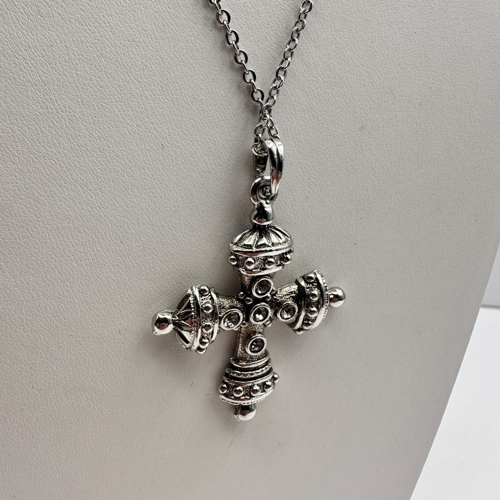 Vintage 90s Byzantine Cross Necklace Silver Tone Clear Glass Gothic Pendant Y2K - Thumbnail 4
