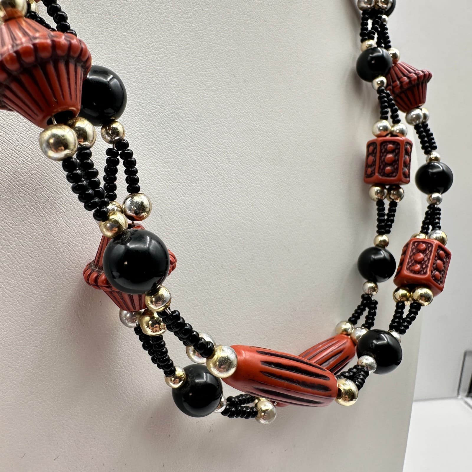Vintage 80s 90s Silver Tone Black Beaded Multi-Strand Necklace Women's Jewelry - Thumbnail 5