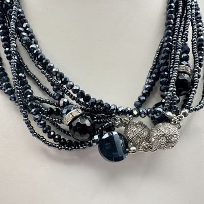 Vintage 80s 70s Multi-Strand Black Beaded Statement Necklace Boho Jewelry - Thumbnail 3