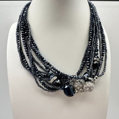 Vintage 80s 70s Multi-Strand Black Beaded Statement Necklace Boho Jewelry - Thumbnail 2