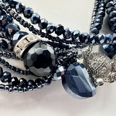 Vintage 80s 70s Multi-Strand Black Beaded Statement Necklace Boho Jewelry - Thumbnail 4