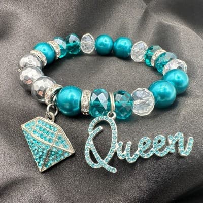 Vintage Y2K Rhinestones Queen Diamond Charm Silver Tone Bracelet Beaded Jewelry - Thumbnail 6