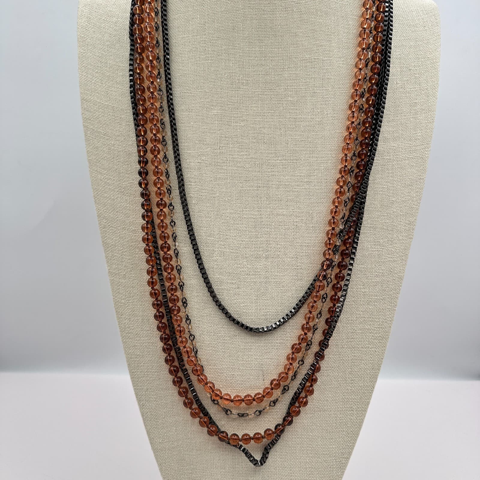 VTG Y2K Gunmetal Tone Beaded Multi Strand Necklace Statement Box Chain Jewelry - Thumbnail 6