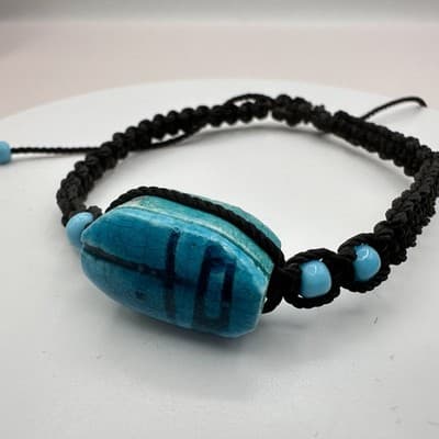 Vintage 90s Egyptian Scarab Bracelet Blue Glass Stone Braided Cord Boho Jewelry - Thumbnail 4