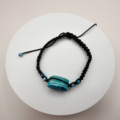 Vintage 90s Egyptian Scarab Bracelet Blue Glass Stone Braided Cord Boho Jewelry - Thumbnail 5
