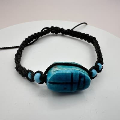 Vintage 90s Egyptian Scarab Bracelet Blue Glass Stone Braided Cord Boho Jewelry - Thumbnail 3