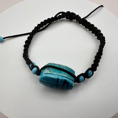 Vintage 90s Egyptian Scarab Bracelet Blue Glass Stone Braided Cord Boho Jewelry - Thumbnail 6