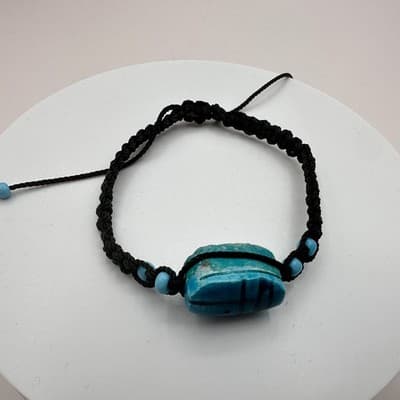 Vintage 90s Egyptian Scarab Bracelet Blue Glass Stone Braided Cord Boho Jewelry - Thumbnail 2