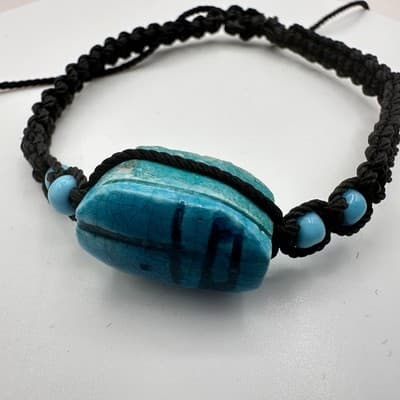 Vintage 90s Egyptian Scarab Bracelet Blue Glass Stone Braided Cord Boho Jewelry - Thumbnail 7