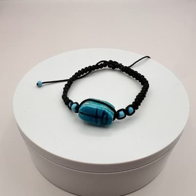 Vintage 90s Egyptian Scarab Bracelet Blue Glass Stone Braided Cord Boho Jewelry - Thumbnail 8