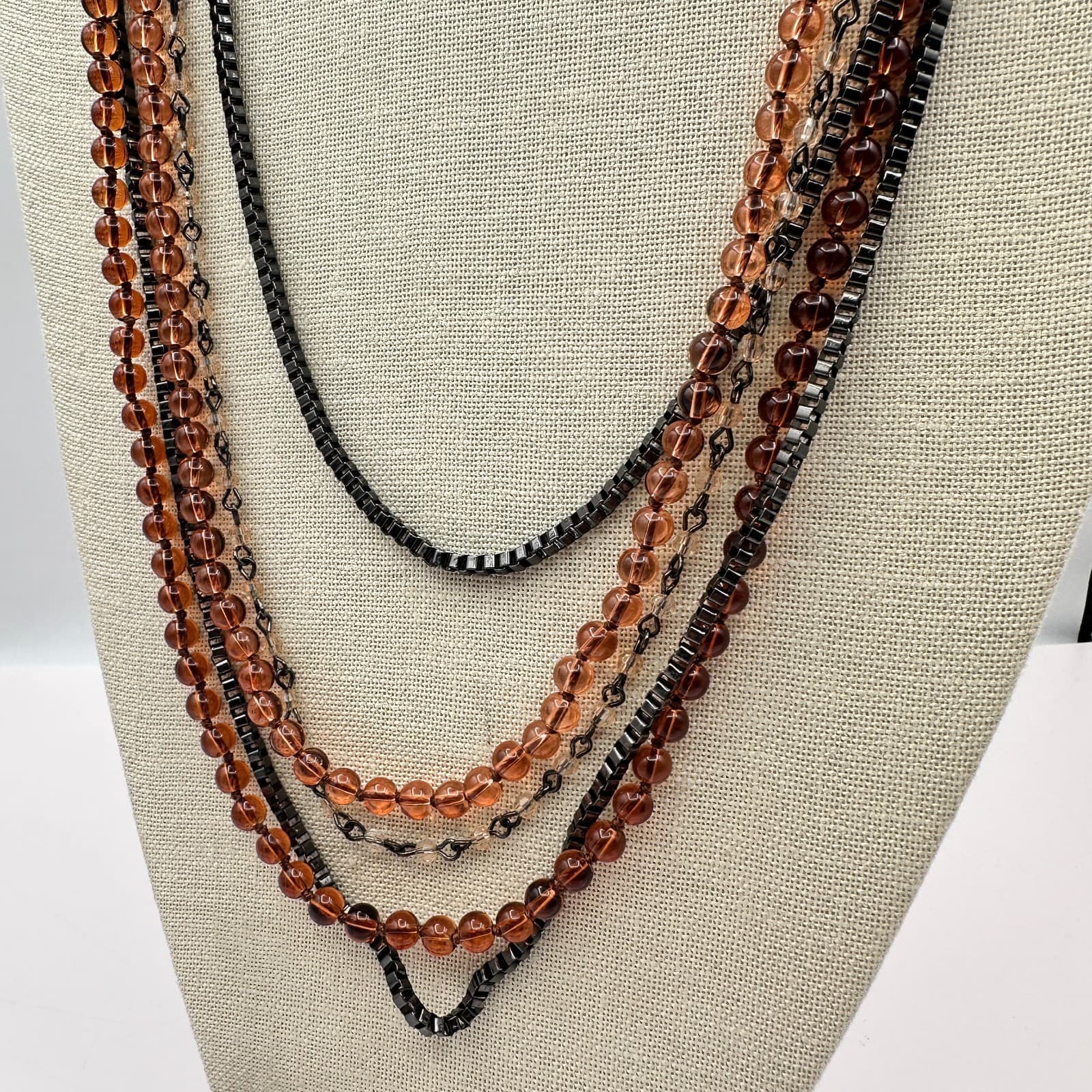VTG Y2K Gunmetal Tone Beaded Multi Strand Necklace Statement Box Chain Jewelry - Thumbnail 3