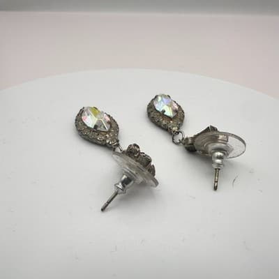 Vintage 90s Silver Tone Glass Aurora Borealis Marquise Dangle Earrings Jewelry - Thumbnail 6
