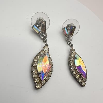 Vintage 90s Silver Tone Glass Aurora Borealis Marquise Dangle Earrings Jewelry - Thumbnail 4