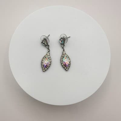 Vintage 90s Silver Tone Glass Aurora Borealis Marquise Dangle Earrings Jewelry - Thumbnail 3