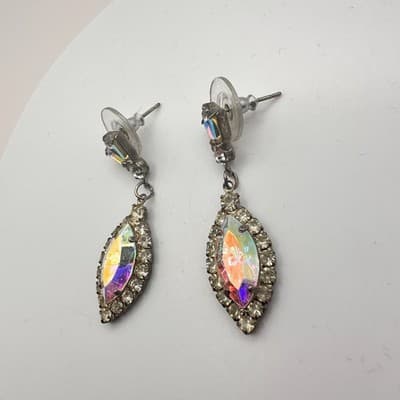 Vintage 90s Silver Tone Glass Aurora Borealis Marquise Dangle Earrings Jewelry - Thumbnail 5