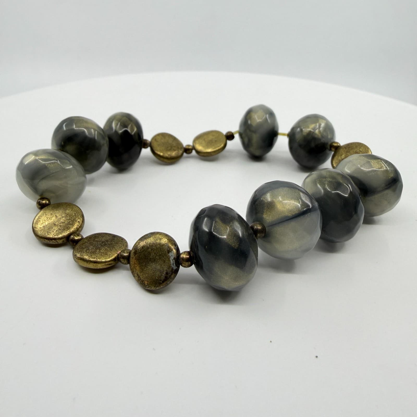 Gray Gold Tone Marble Stretch Bracelet Faceted Beads Stackable Statement Jewelry - Thumbnail 2