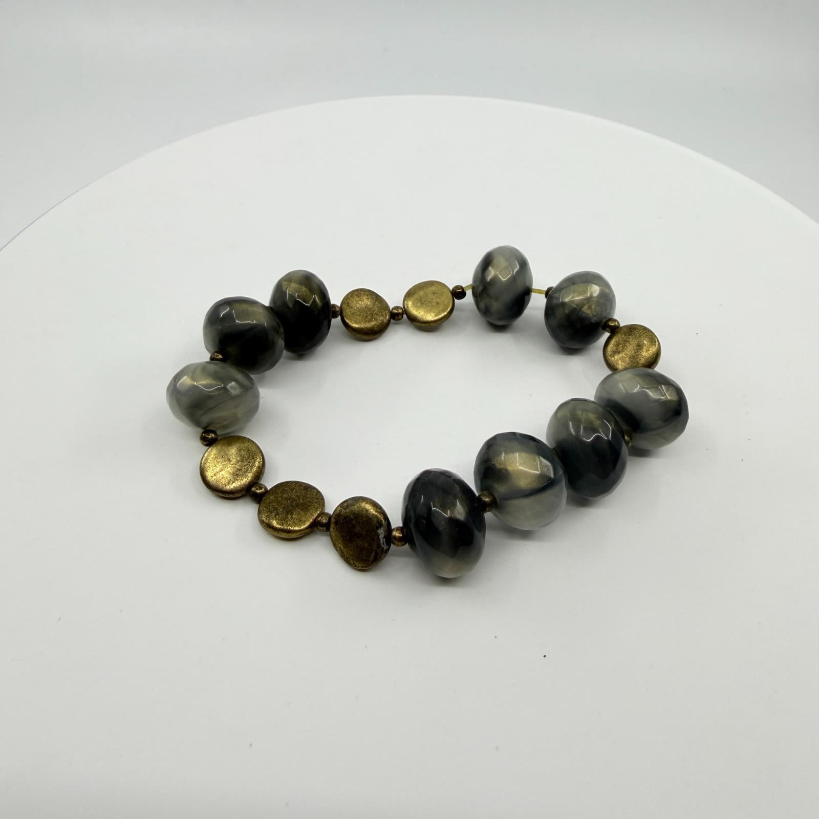 Gray Gold Tone Marble Stretch Bracelet Faceted Beads Stackable Statement Jewelry - Thumbnail 4