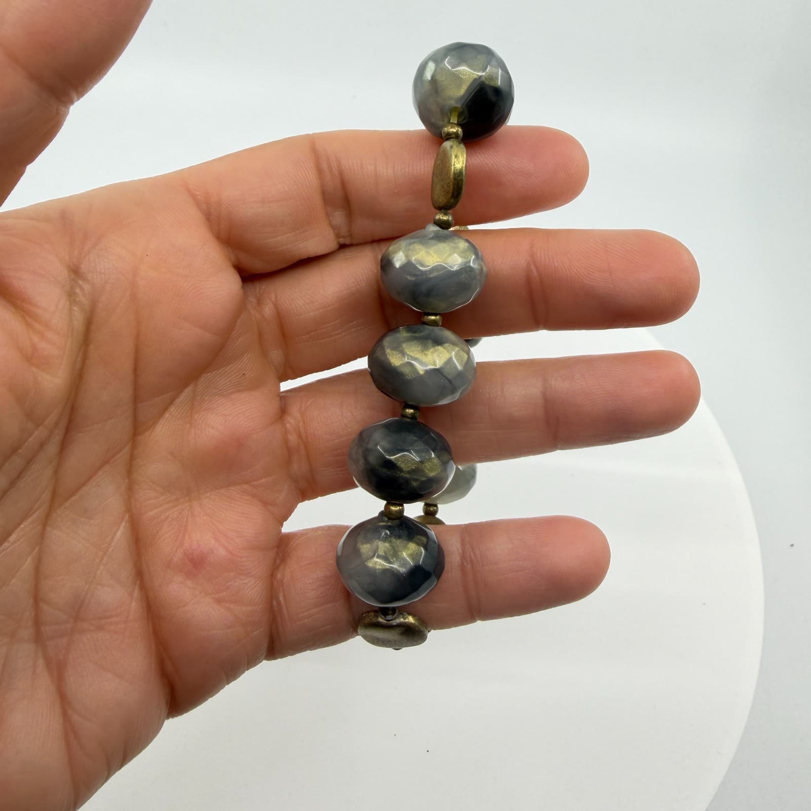 Gray Gold Tone Marble Stretch Bracelet Faceted Beads Stackable Statement Jewelry - Thumbnail 7