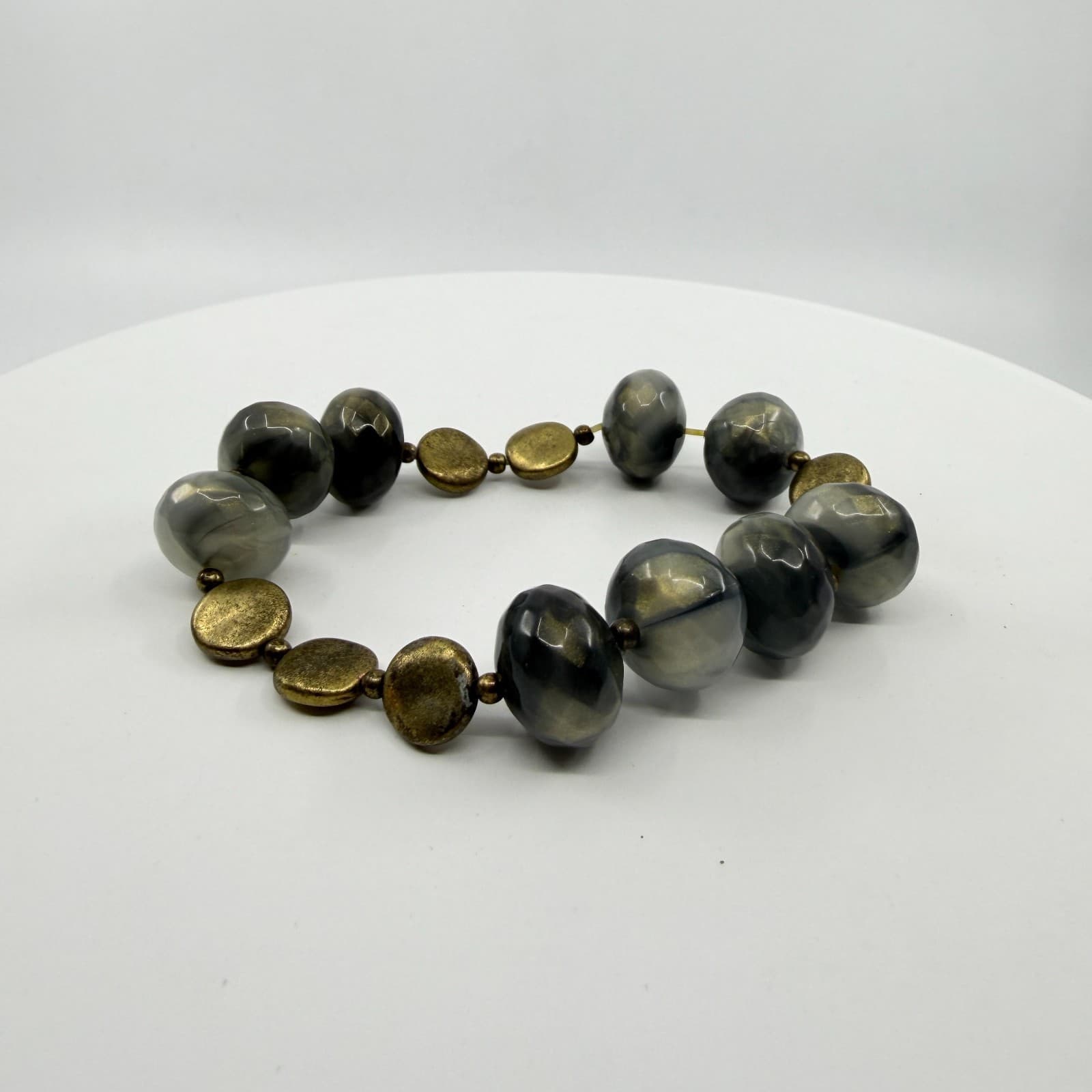 Gray Gold Tone Marble Stretch Bracelet Faceted Beads Stackable Statement Jewelry - Thumbnail 3