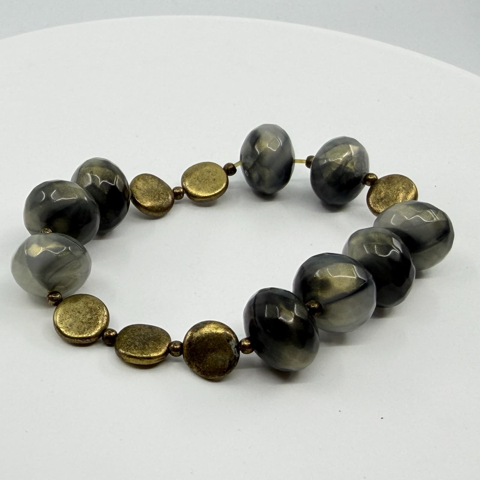 Gray Gold Tone Marble Stretch Bracelet Faceted Beads Stackable Statement Jewelry - Thumbnail 6