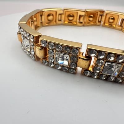 Vintage 90s Gold Tone Link Bracelet Clear Glass Square Art Deco Fashion Jewelry - Thumbnail 5
