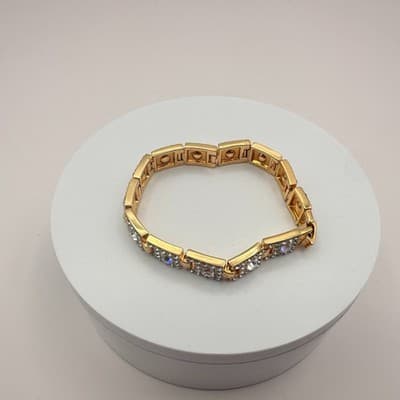 Vintage 90s Gold Tone Link Bracelet Clear Glass Square Art Deco Fashion Jewelry - Thumbnail 3