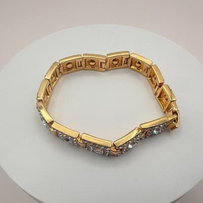 Vintage 90s Gold Tone Link Bracelet Clear Glass Square Art Deco Fashion Jewelry - Thumbnail 4