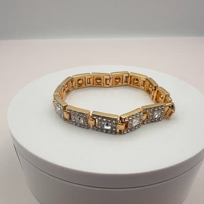 Vintage 90s Gold Tone Link Bracelet Clear Glass Square Art Deco Fashion Jewelry - Thumbnail 2