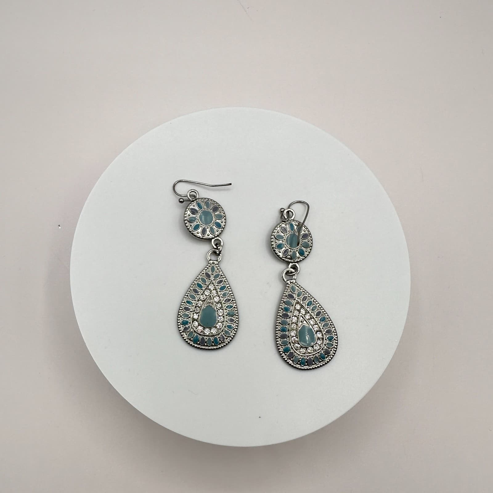 Vintage 90s Teardrop Dangle Earrings Silver Tone Blue Enamel Glass Floral Boho - Thumbnail 3