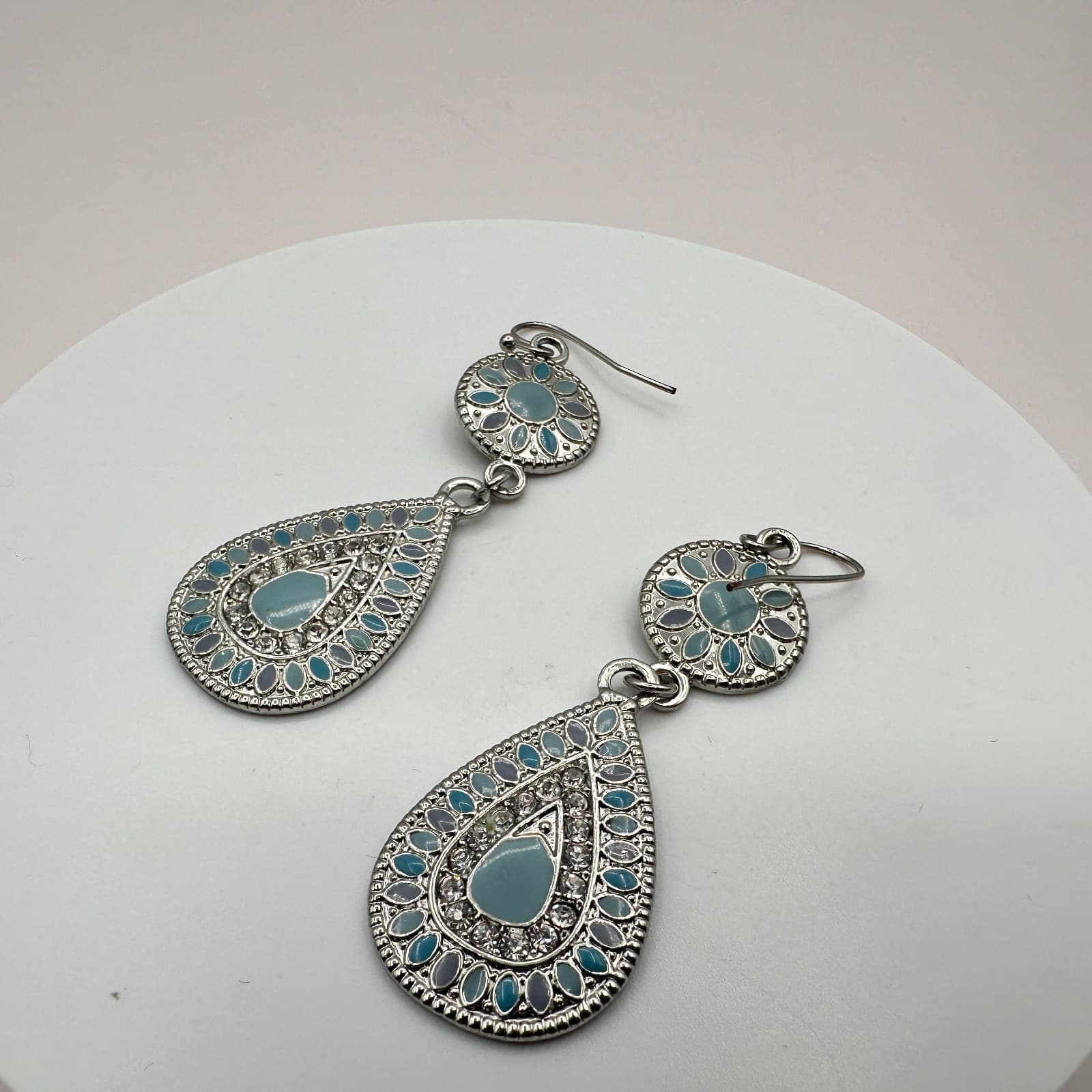 Vintage 90s Teardrop Dangle Earrings Silver Tone Blue Enamel Glass Floral Boho - Thumbnail 4