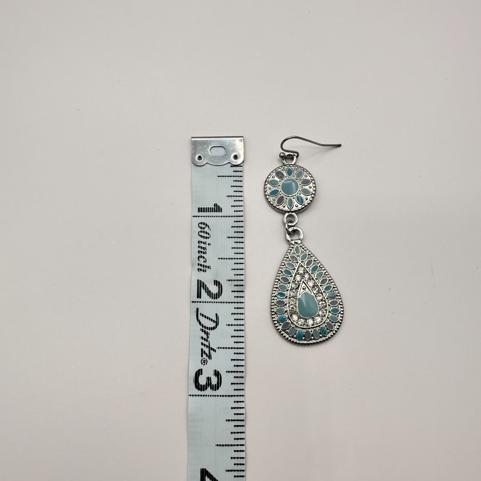 Vintage 90s Teardrop Dangle Earrings Silver Tone Blue Enamel Glass Floral Boho - Thumbnail 6