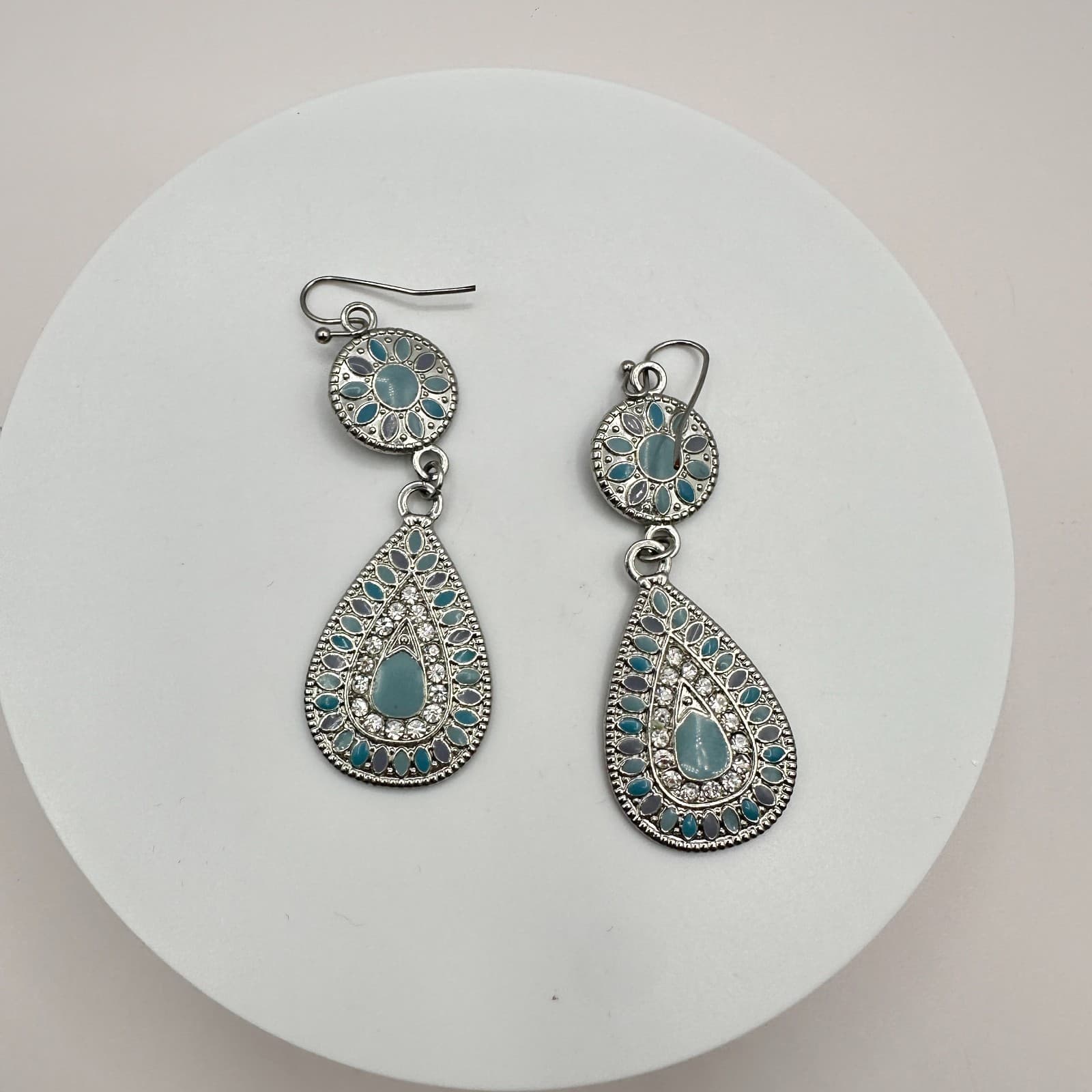 Vintage 90s Teardrop Dangle Earrings Silver Tone Blue Enamel Glass Floral Boho - Thumbnail 2