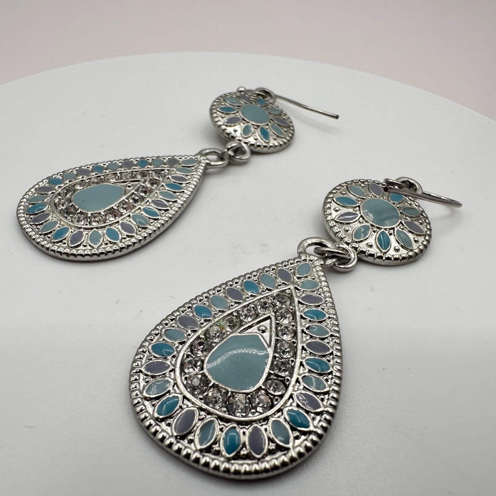 Vintage 90s Teardrop Dangle Earrings Silver Tone Blue Enamel Glass Floral Boho - Thumbnail 5