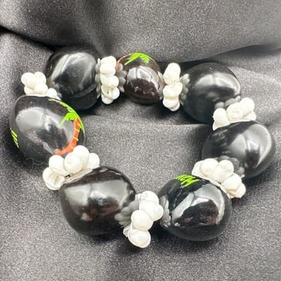 Vintage 90s Hawaii Kukui Nut Shell Bracelet Boho Tropical Luau Beach Jewelry - Thumbnail 7
