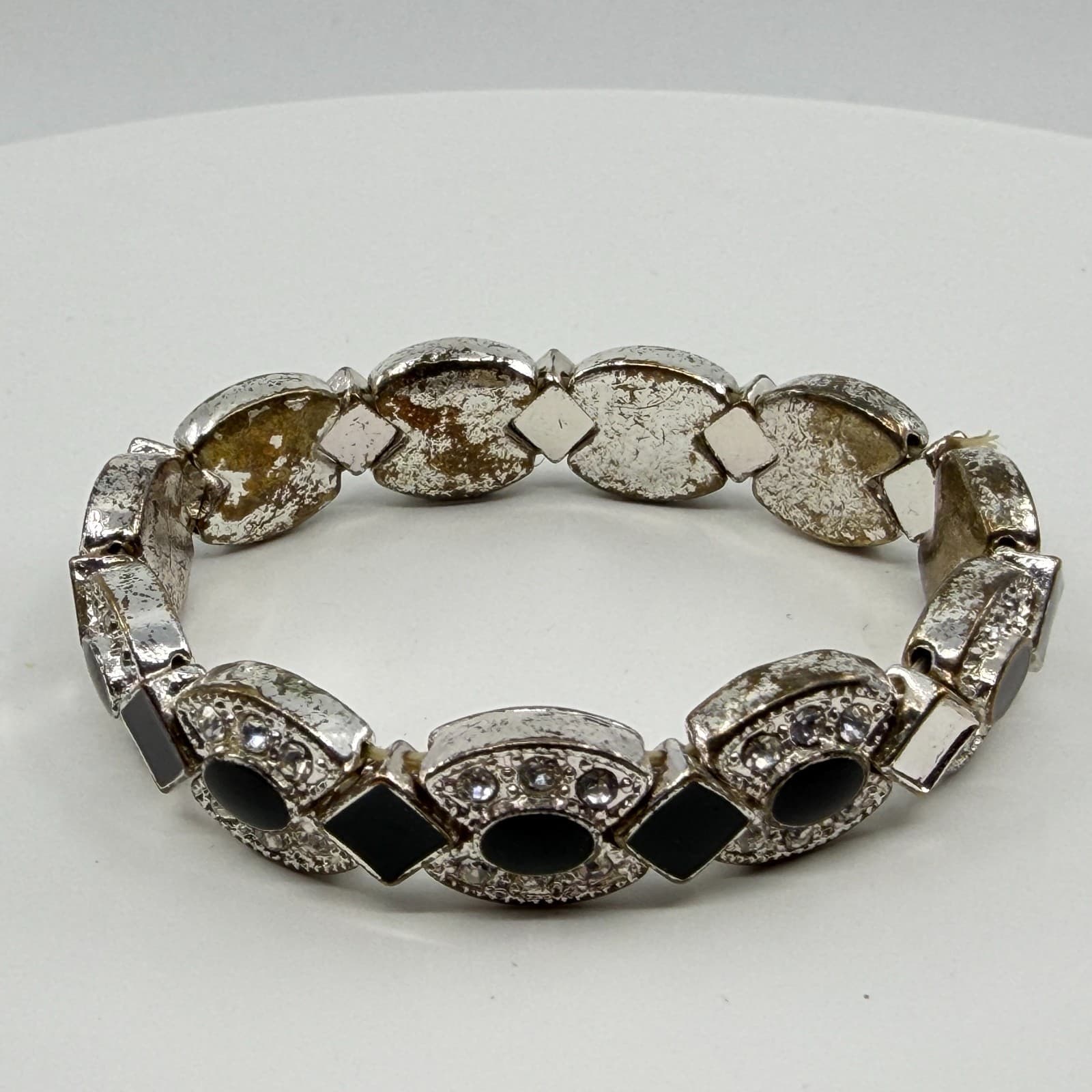 Black Stone Rhinestone Link Stretch Bracelet Silver Tone Boho Statement Jewelry - Thumbnail 3